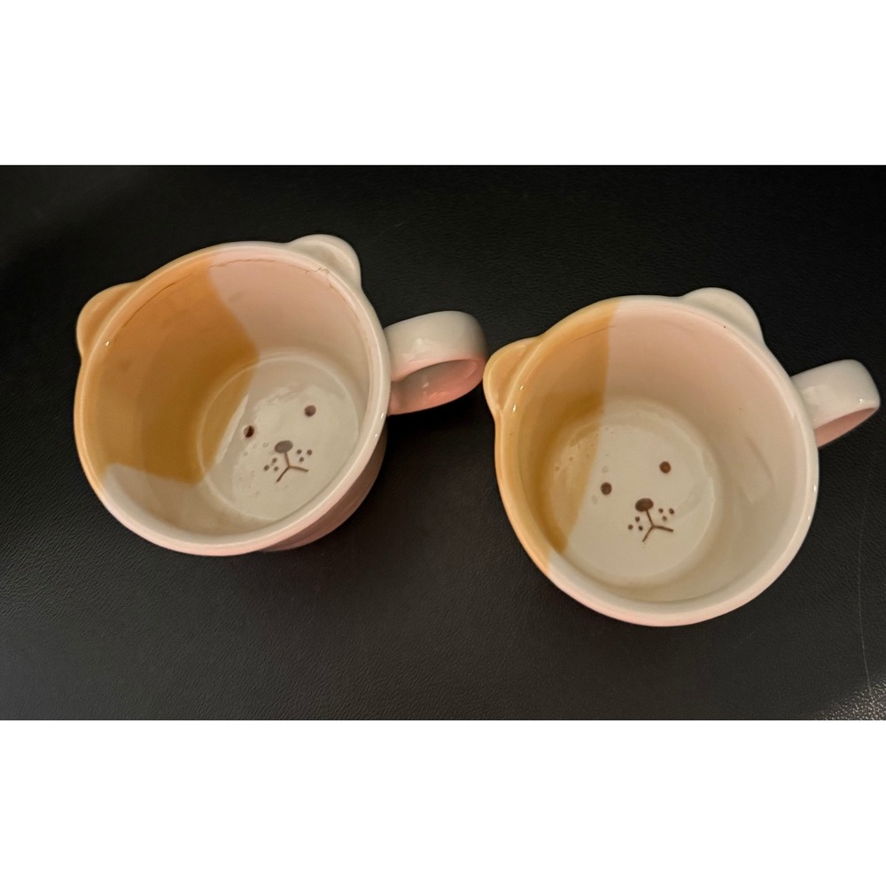 Espresso Coffee Tea Mugs Tan Cream Teddy Bear Face Ceramic Set of 2